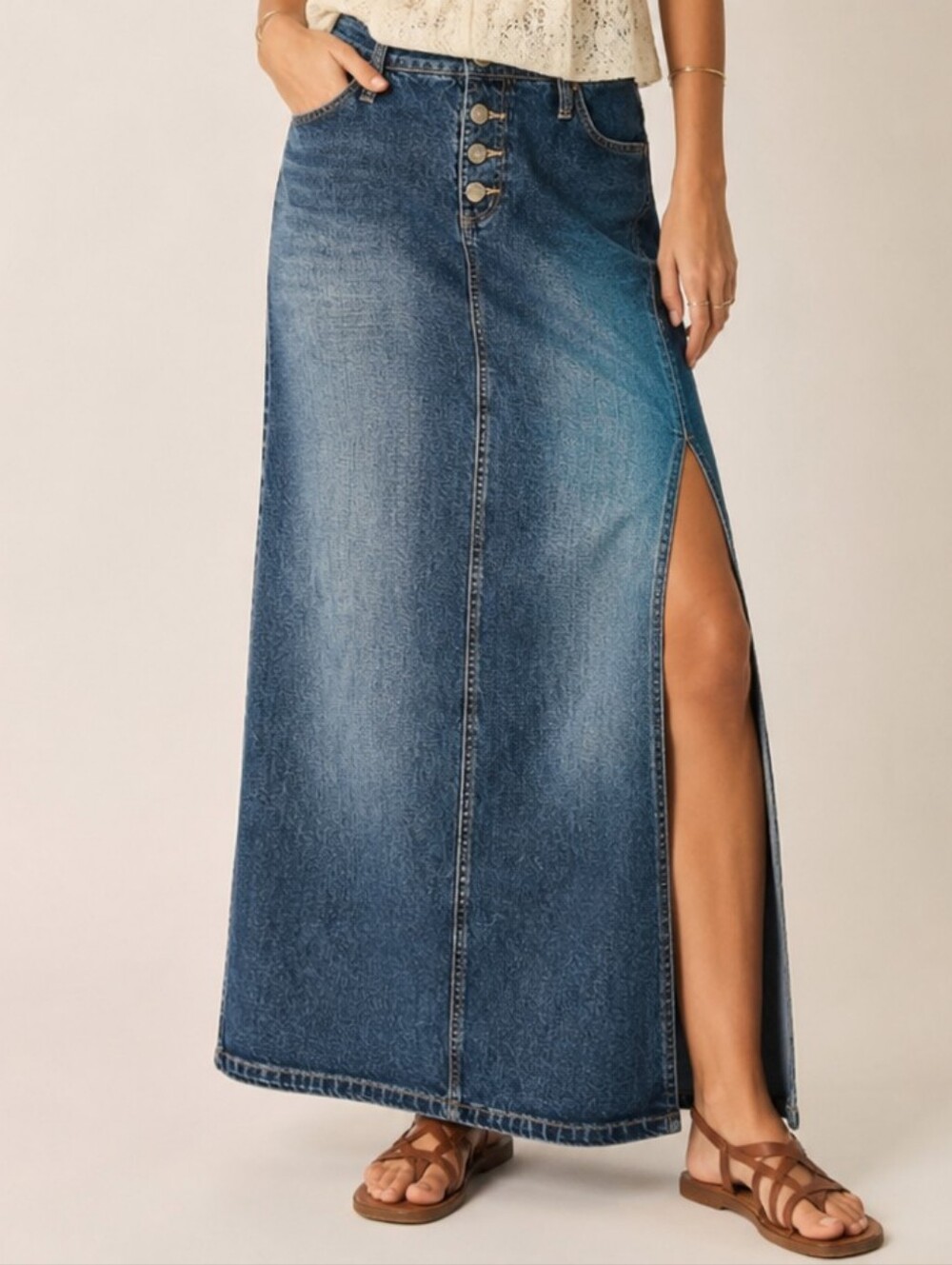 Squeeze Vintage 90s Low Rise Blue Jean Maxi Skirt Button Fly Denim
